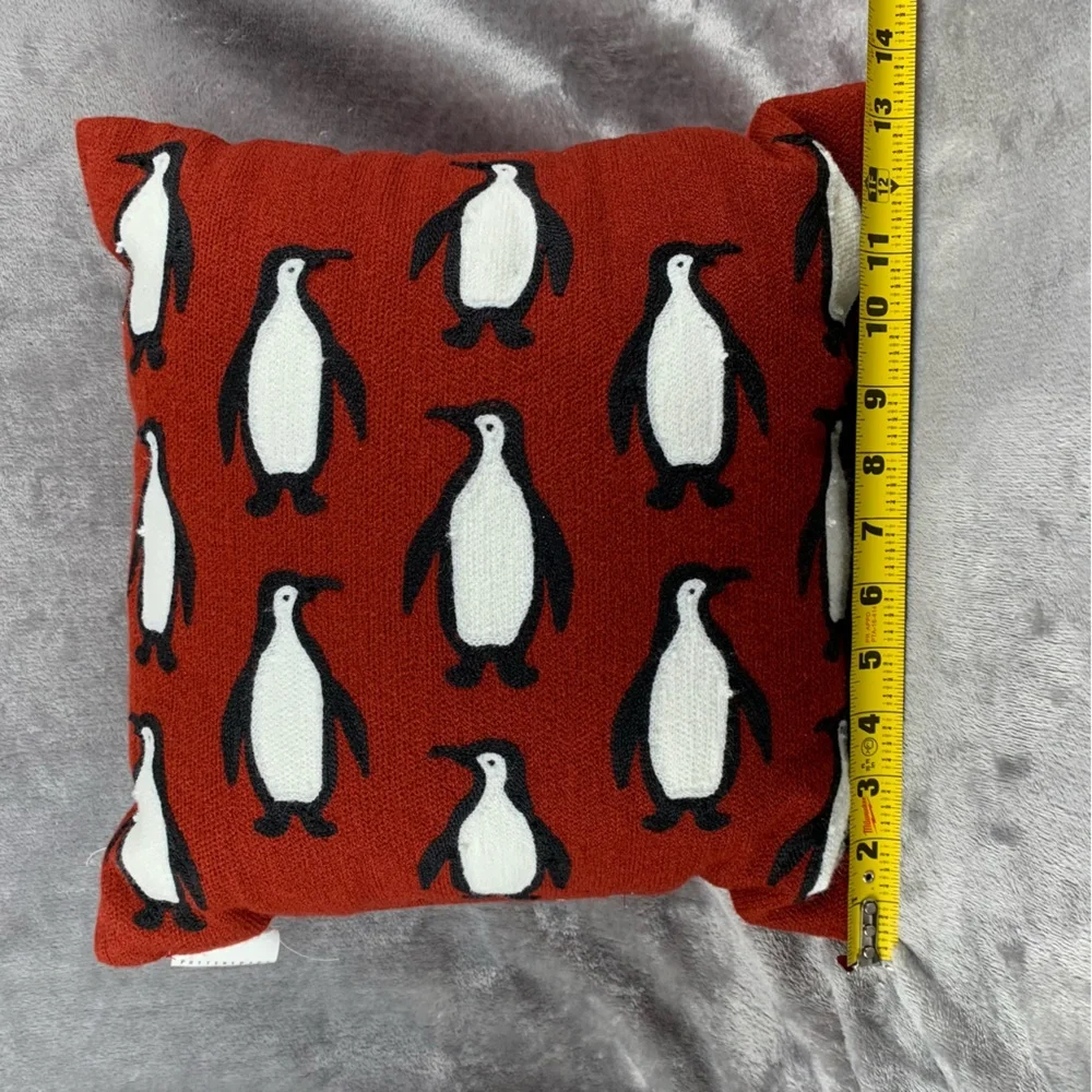 Pottery Barn Red Needlework Penguin‎ Pattern Crewel Pillow 14 X 14 Imperfections